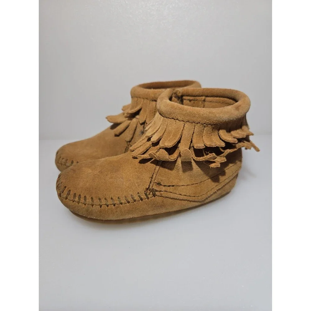 Minnetonka Kids Size 5 Double Fringe Moccasins Bootie Brown Leather Side Zipper